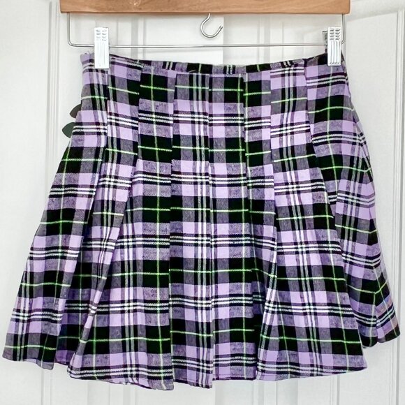 Shein Black & Purple Plaid Flannel Buckle Wrap Pleated Mini Skirt Size Small - Picture 3 of 5